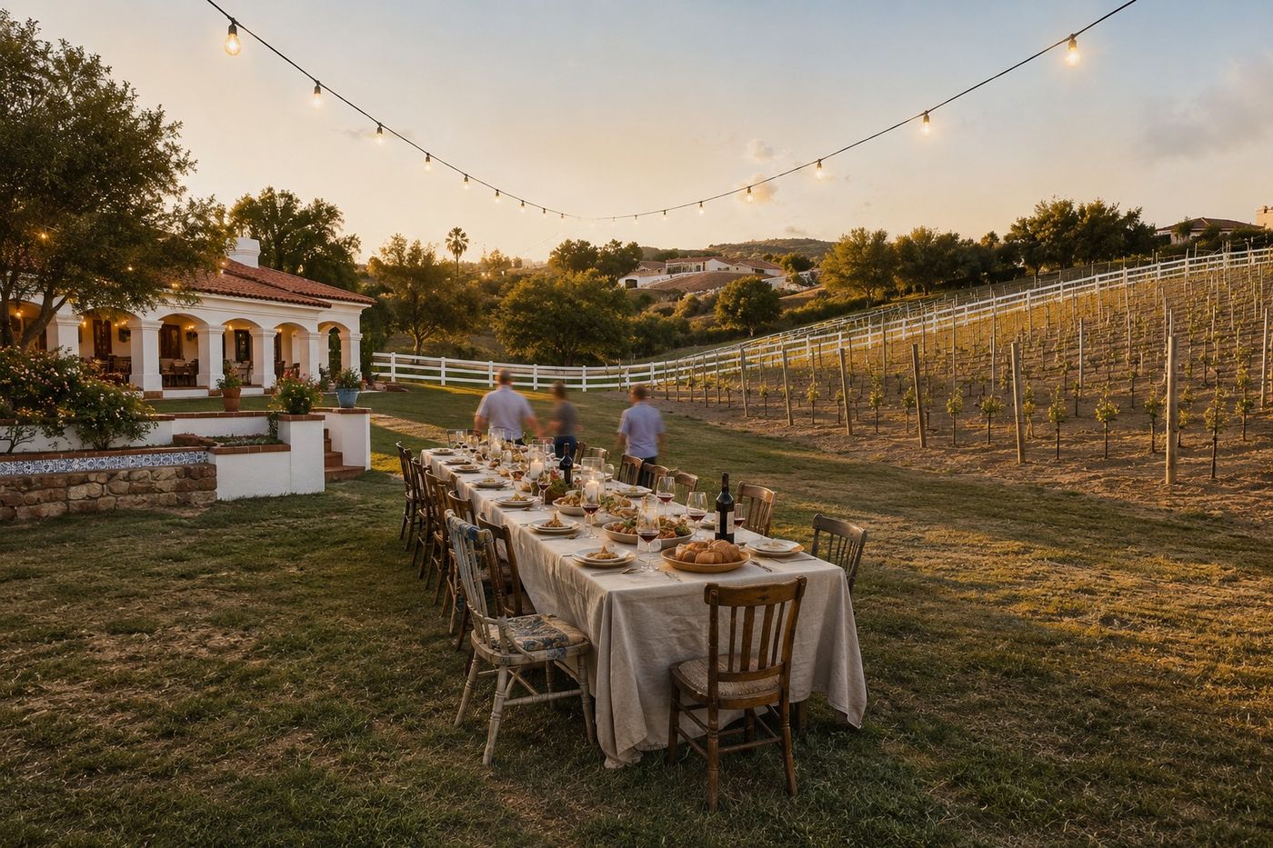 An evening table set for dinner on the lawn below the vineyard, the young vines climbing the slope to the right, the hacienda's arched loggia lit on the left