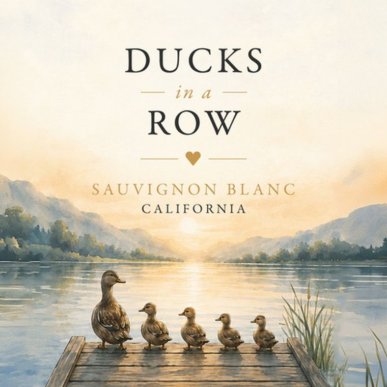 Ducks in a Row Sauvignon Blanc label, a watercolor of a mother duck and four ducklings on a dock at sunrise