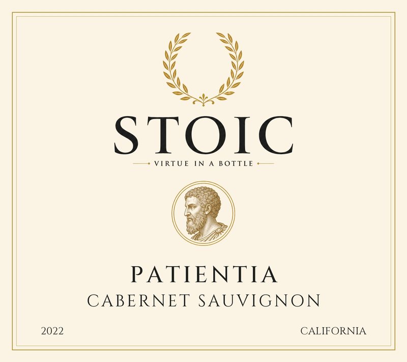 STOIC Patientia Cabernet Sauvignon 2022 front label, showing a gold laurel wreath above the STOIC wordmark and an engraved profile of Marcus Aurelius