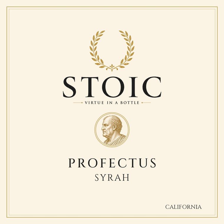 STOIC Profectus Syrah front label — the gold laurel above the STOIC wordmark and an engraved coin portrait of Seneca